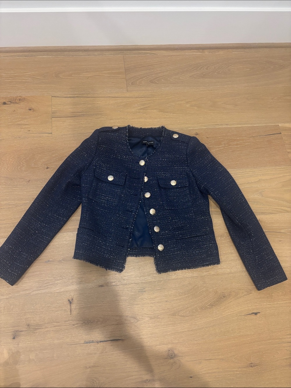 Generation Love Navy Tweed Cropped Button Blazer